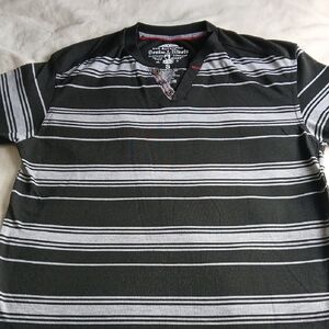 Striped V-Neck Short Sleeve Shirt in Black and Gray
